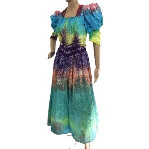 Vintage Embroidered Prom Dress Evening Gown Puff Sleeve Floral Tie Dye 8